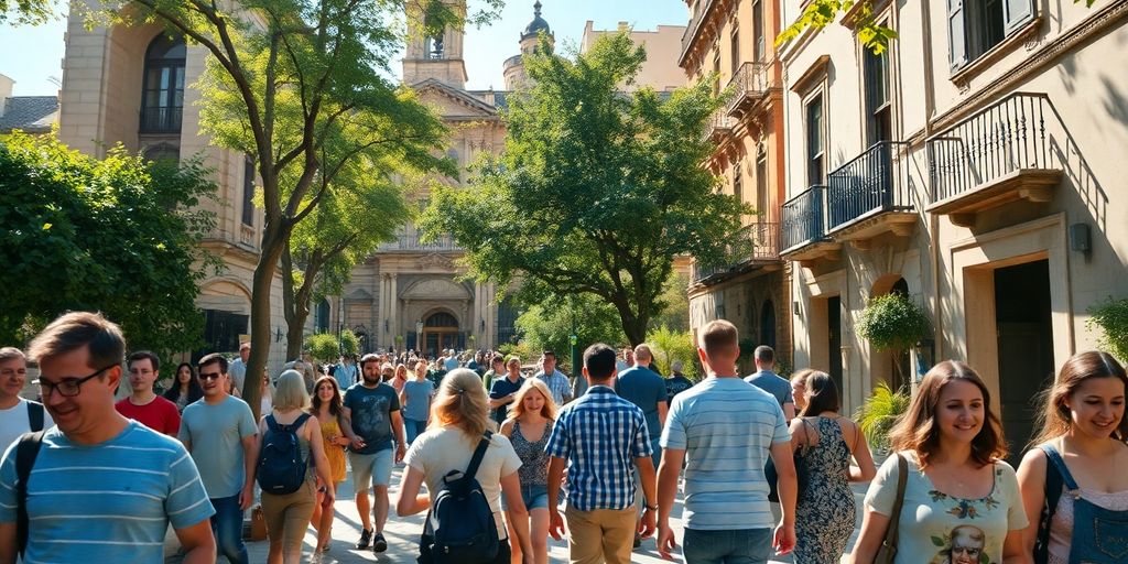 Multidão de pessoas caminhando em uma rua ensolarada e arborizada, descobrindo a história das cidades através das caminhadas.