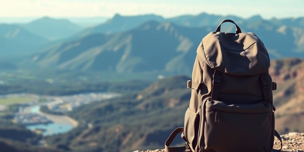 Descubra o poder do minimalismo ao viajar com pouca bagagem: uma mochila relacionada sobre uma rocha com vista para o vale.