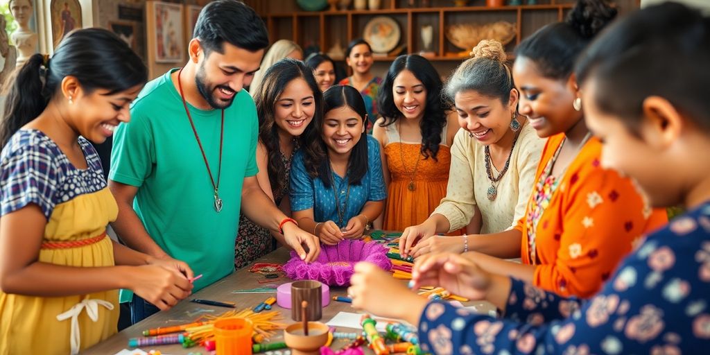 Um grupo diversificado sorri e faz trabalhos manuais juntos, compartilhando dicas para visitar museus e centros culturais com mais significado.