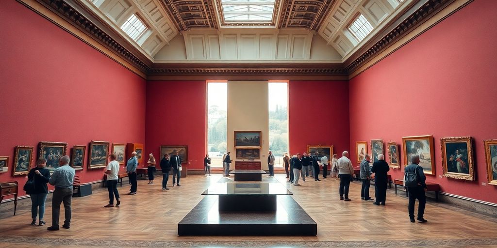 As pessoas veem pinturas em uma espaçosa galeria de arte, descobrindo dicas para visitar museus e centros culturais com mais significado.