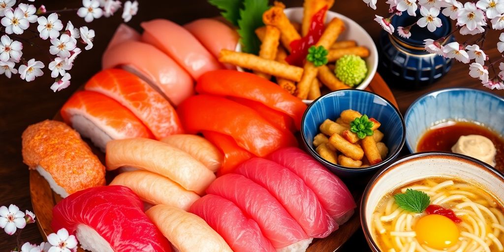 Sushi, macarrão e lanches variados dispostos em um prato - experiências gastronômicas imperdíveis pelo mundo.