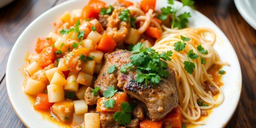 Um prato de espaguete com carne cozida e legumes - uma experiência gastronômica imperdível pelo mundo, com toque de coentro.