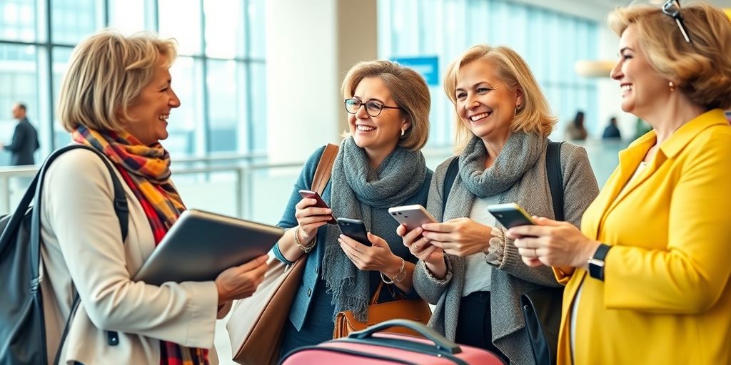 Quatro mulheres sorridentes em um aeroporto conversam com telefones – Gadgets que facilitam a vida de mulheres maduras em viagem.