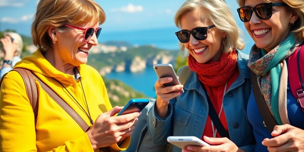 Três mulheres de óculos escuros sorrindo, usando gadgets que facilitam a vida de mulheres maduras em viagem por falésias cênicas e céu azul.