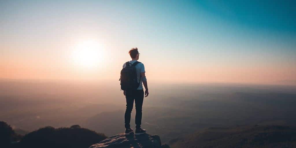 Uma pessoa com uma mochila está em uma montanha, abraçando a Liberdade na maturidade e os benefícios de adotar um estilo de vida nômade.