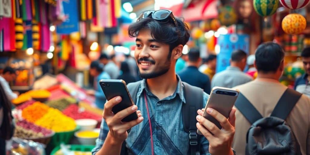 Homem sorridente segurando dois smartphones em um mercado movimentado — testando os Melhores tradutores de voz e texto para viagens internacionais
