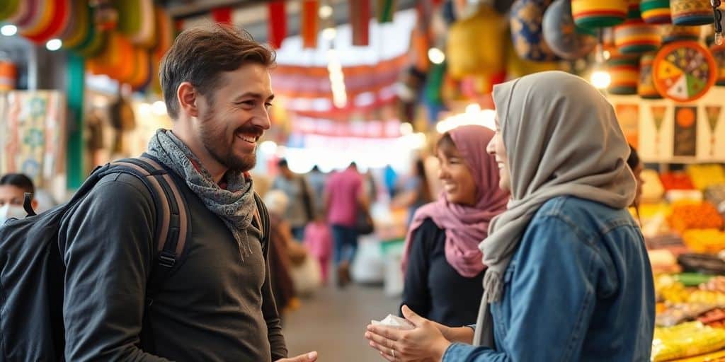 Um homem e uma mulher sorriem e conversam em um mercado colorido e movimentado, mostrando o valor de aprender algumas palavras no idioma local para se conectar melhor