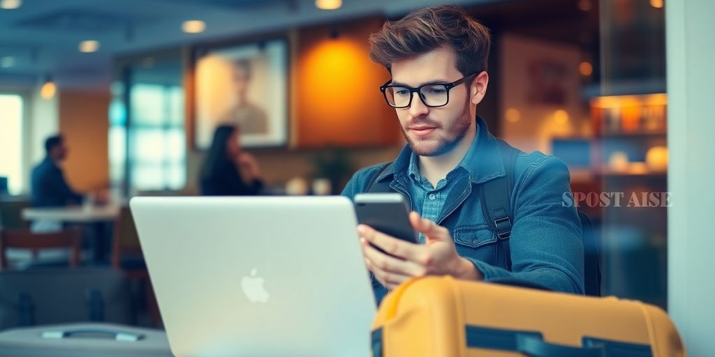 Homem de óculos usando laptop e smartphone em um café, viajando com segurança digital: como proteger seus dados. 