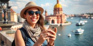 Pessoa usando celular em viagem internacional.