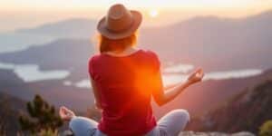 Viajante meditando em montanha ao pôr do sol.