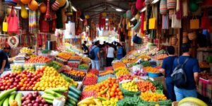 Mercado vibrante com frutas, vegetais e artesanato local.