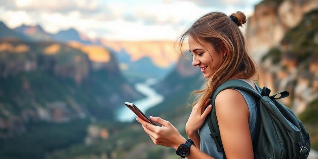 Mulher sorridente com mochila usa Aplicativos que toda mulher viajando sozinha deveria conhecer em uma trilha pitoresca na montanha.