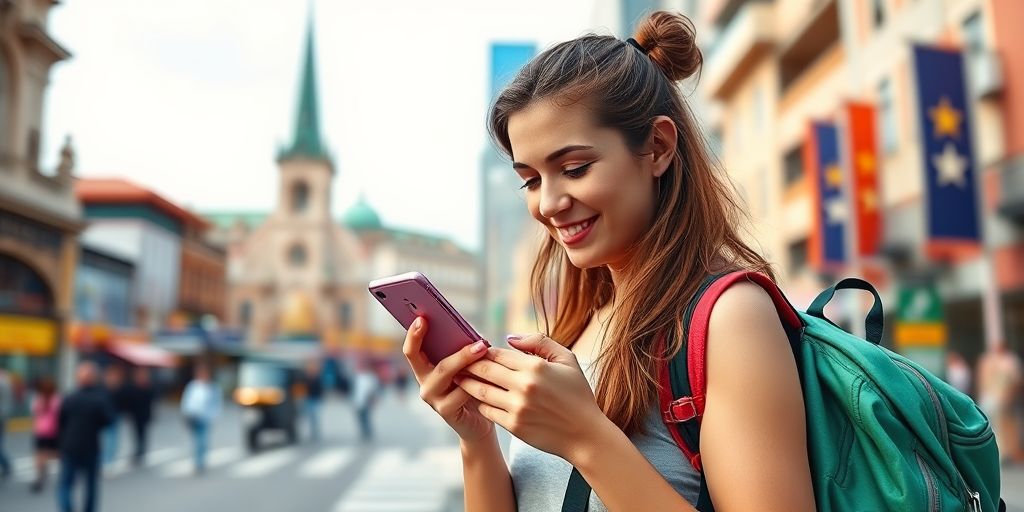 Uma jovem sorridente com uma mochila usa seu telefone, explorando as ruas da cidade e aplicativos que toda mulher viaja sozinha deveria conhecer.