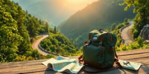 Imagem de um caminho natural com mochila e mapas.
