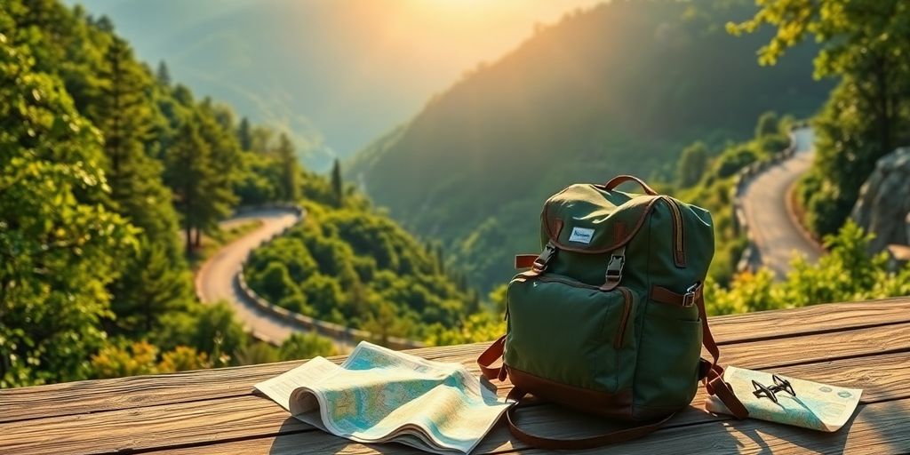 Imagem de um caminho natural com mochila e mapas.