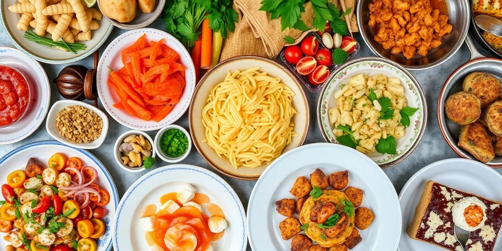 Prato colorido com diversas comidas de diferentes países.