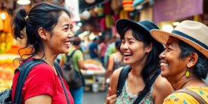 Turista conversando com locais em um mercado vibrante.