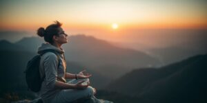 Viajante meditando em montanha ao pôr do sol.