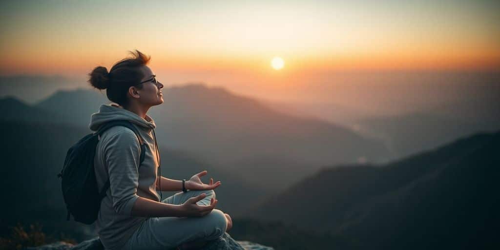 Viajante meditando em montanha ao pôr do sol.