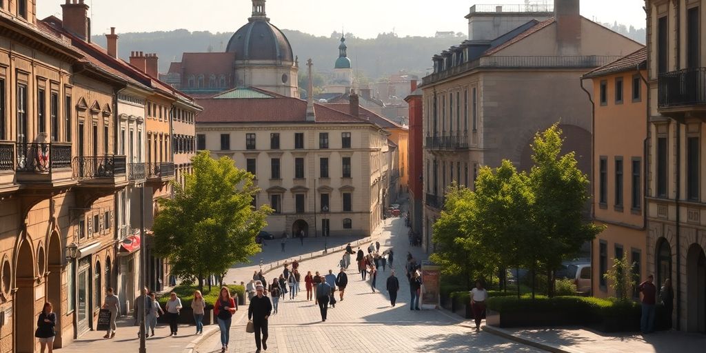 Pessoas caminhando em uma cidade histórica e cultural.